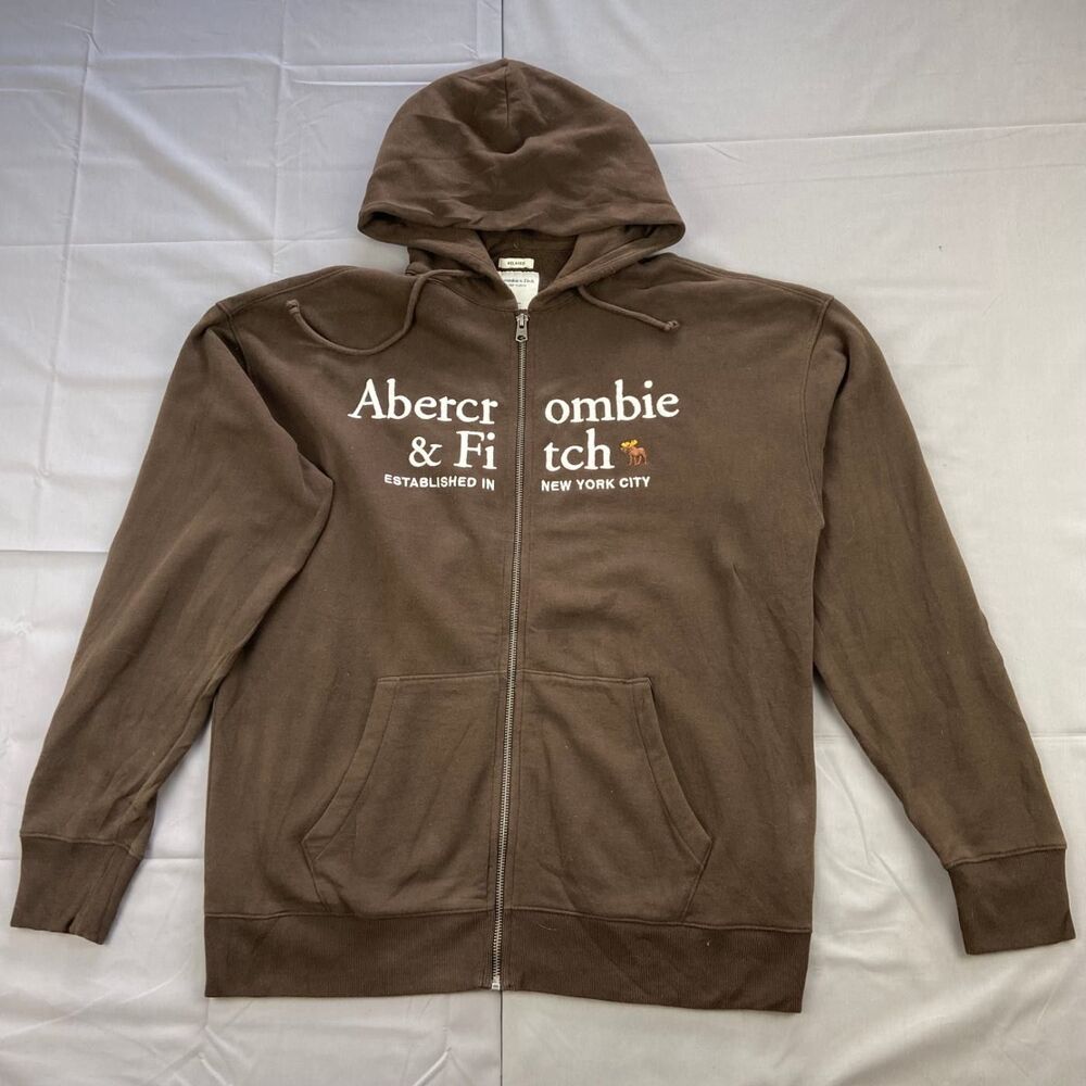 Abercrombie & Fitch Men's L Brown Full Zip Hoodie Relaxed Fit Fleece 60 Cotton